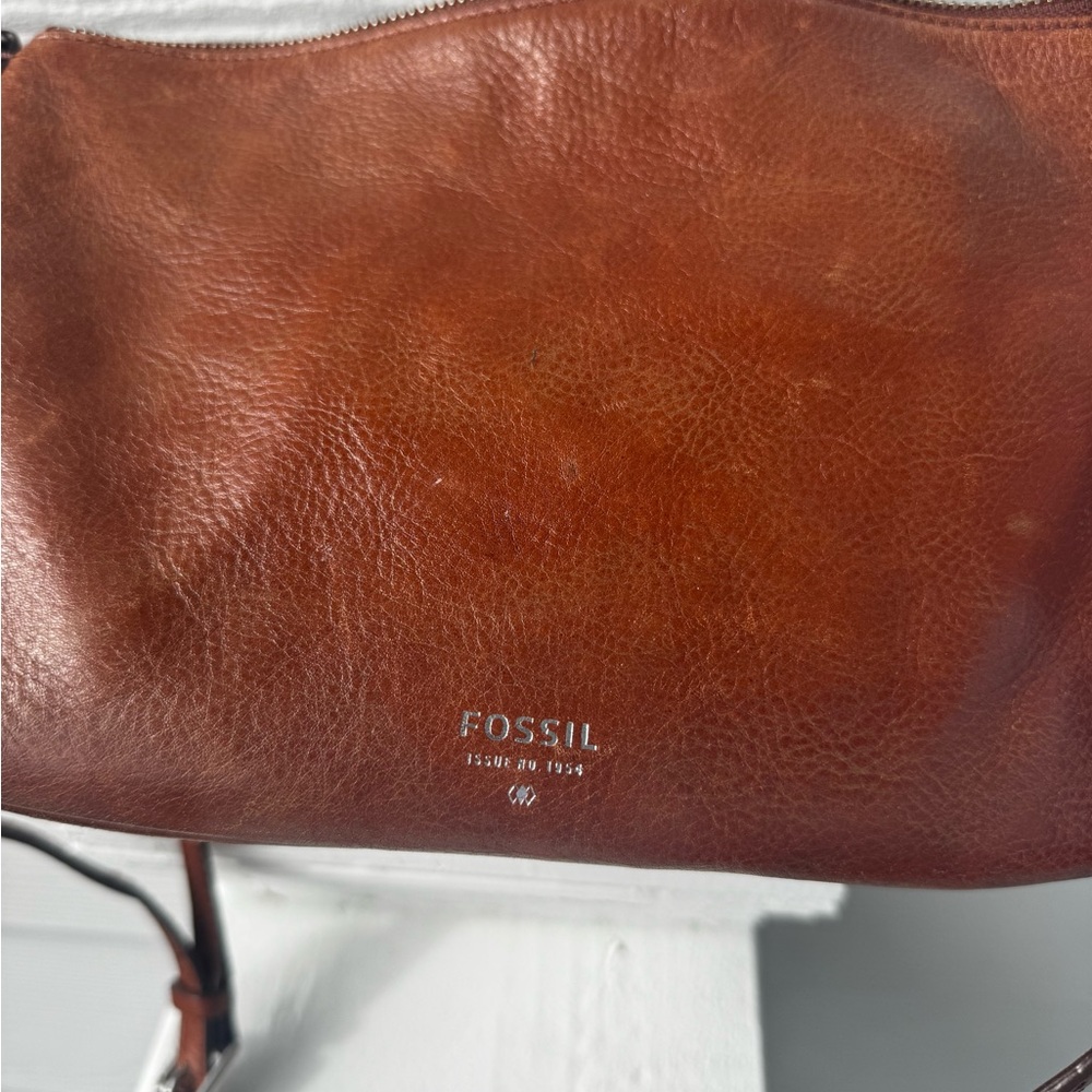 Fossil Brown Leather Shoulder Bag purse with removable woven strap - Picture 7 of 10
